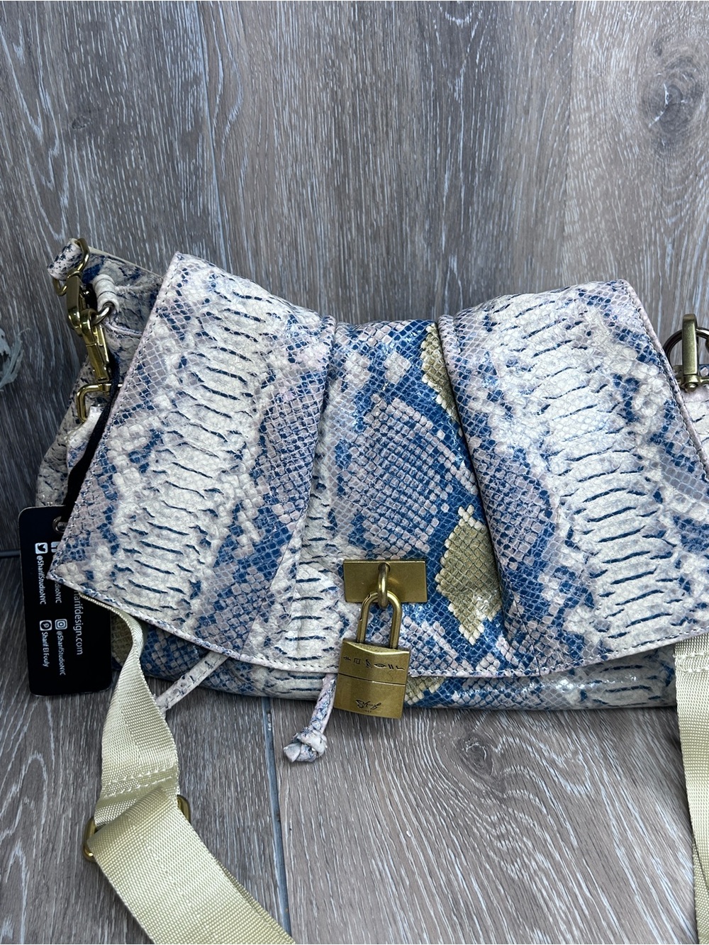 Sharif Legacy Leather Flap Handbag w/HangLock & Dust Bag- Blue Multi Python NWT